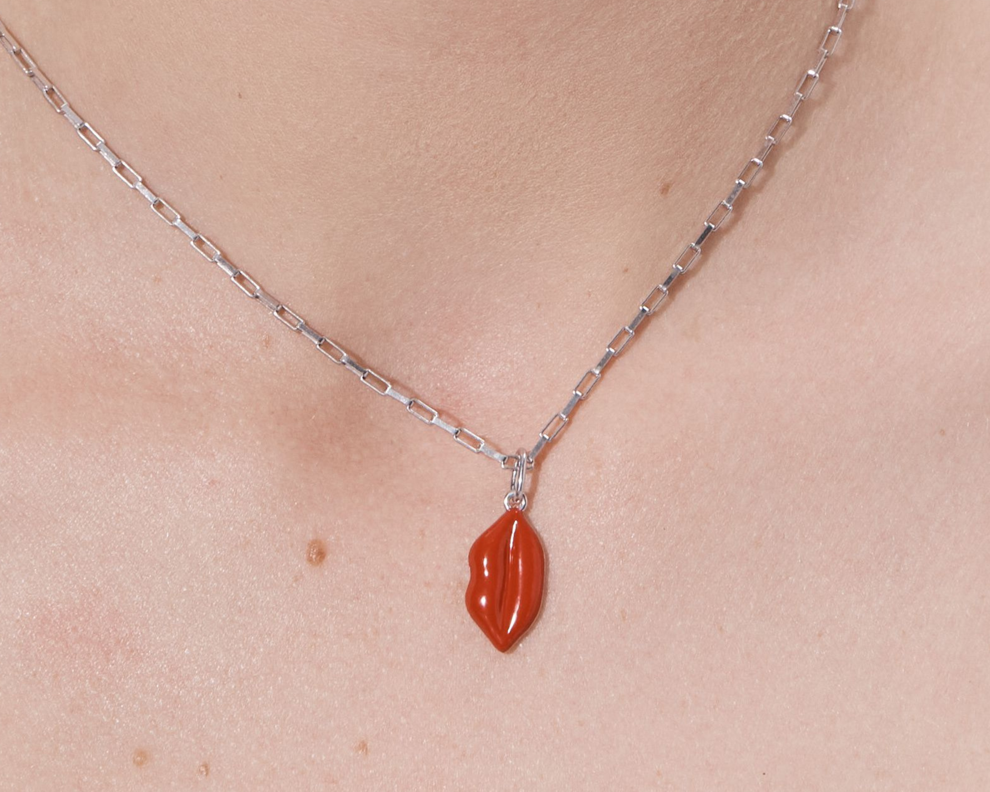 Şener Besim Lips Red Enamel Charm worn as necklace, sterling silver