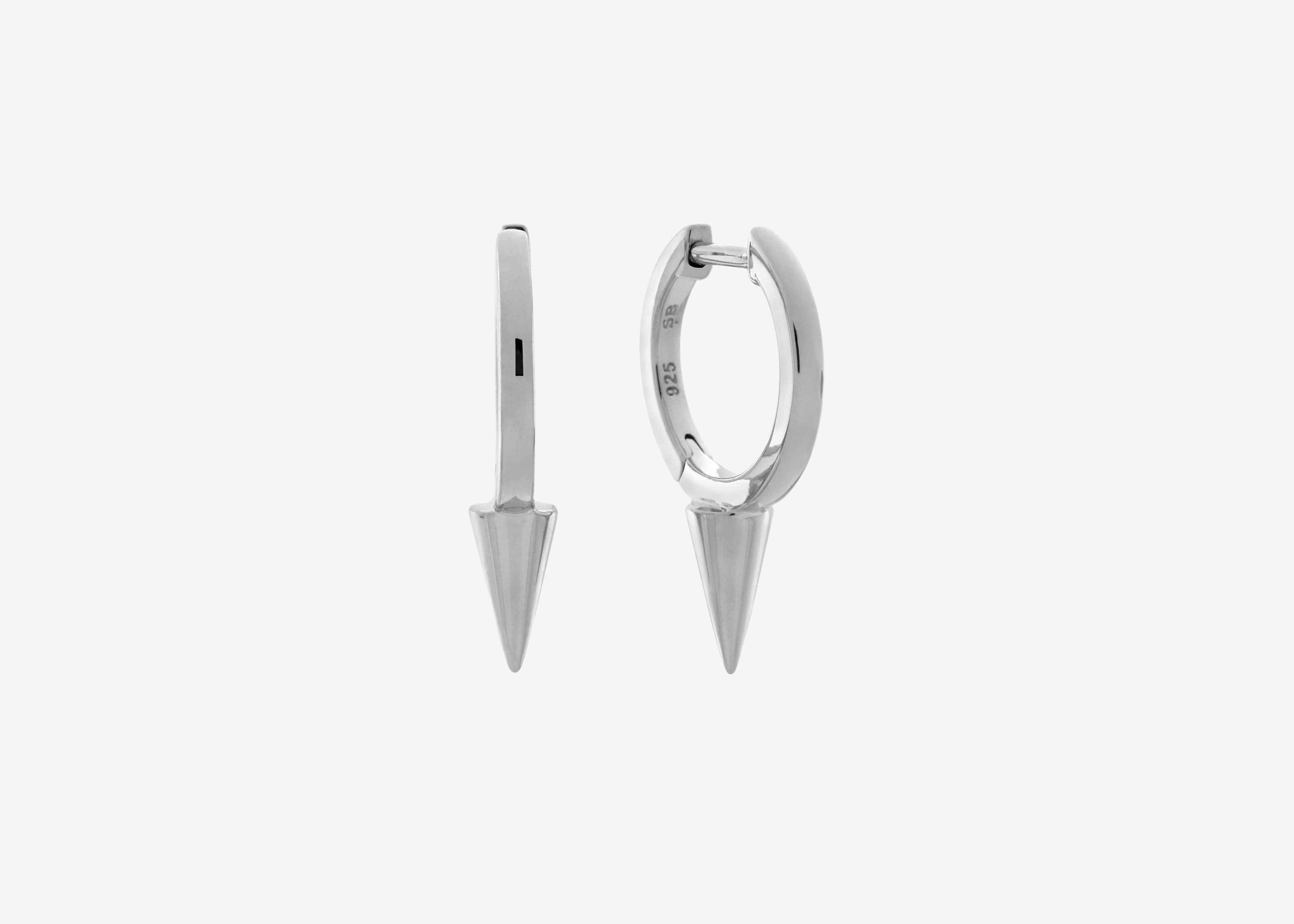 Şener Besim Medium Single Point Huggies in silver rhodium plating, flat lay