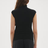 Şener Besim Merino Cap Sleeve Top in Black, back view