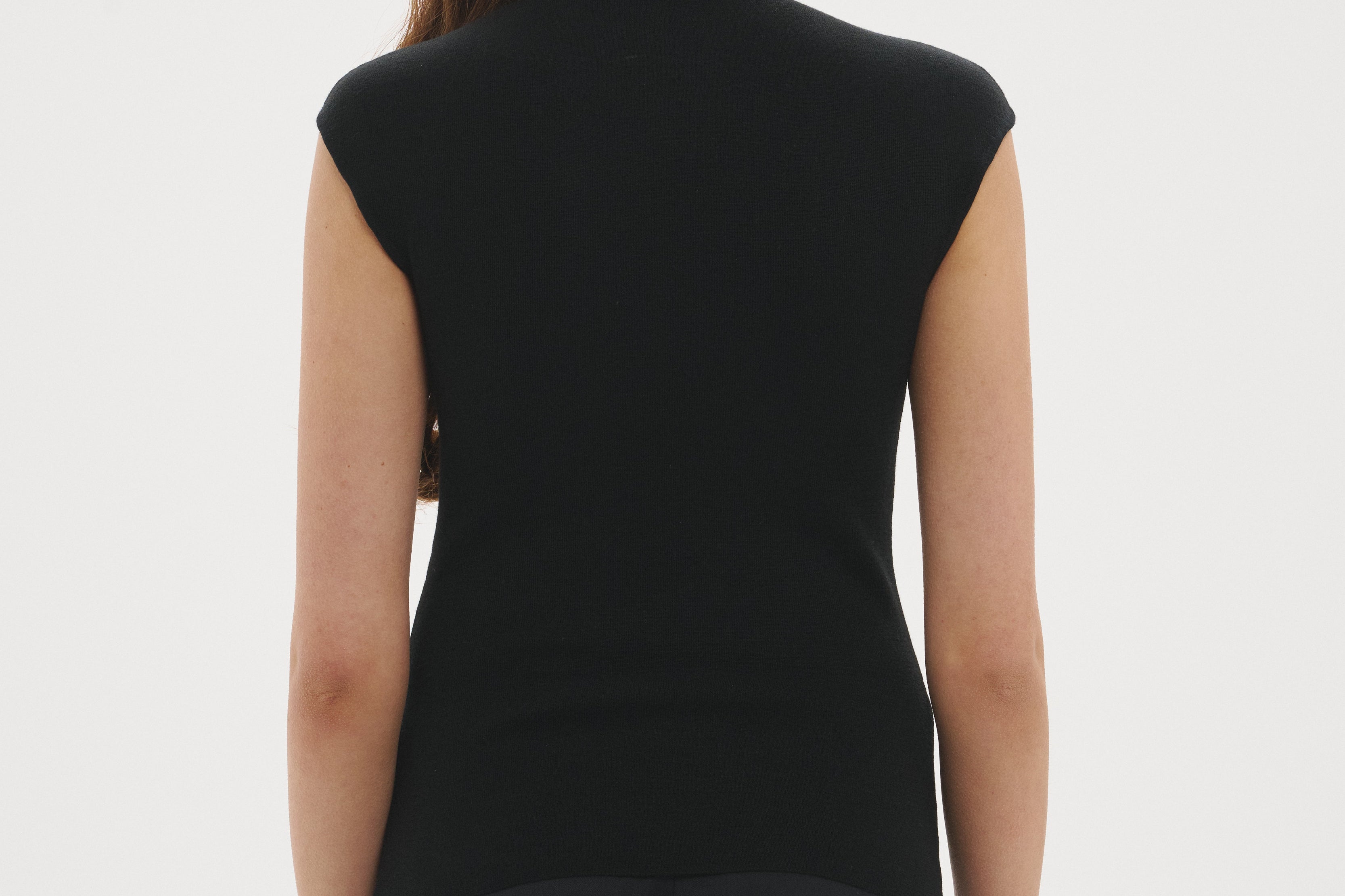 Şener Besim Merino Cap Sleeve Top in Black, back view