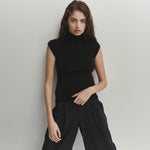Şener Besim Merino Cap Sleeve Top in Black, full-length styled view