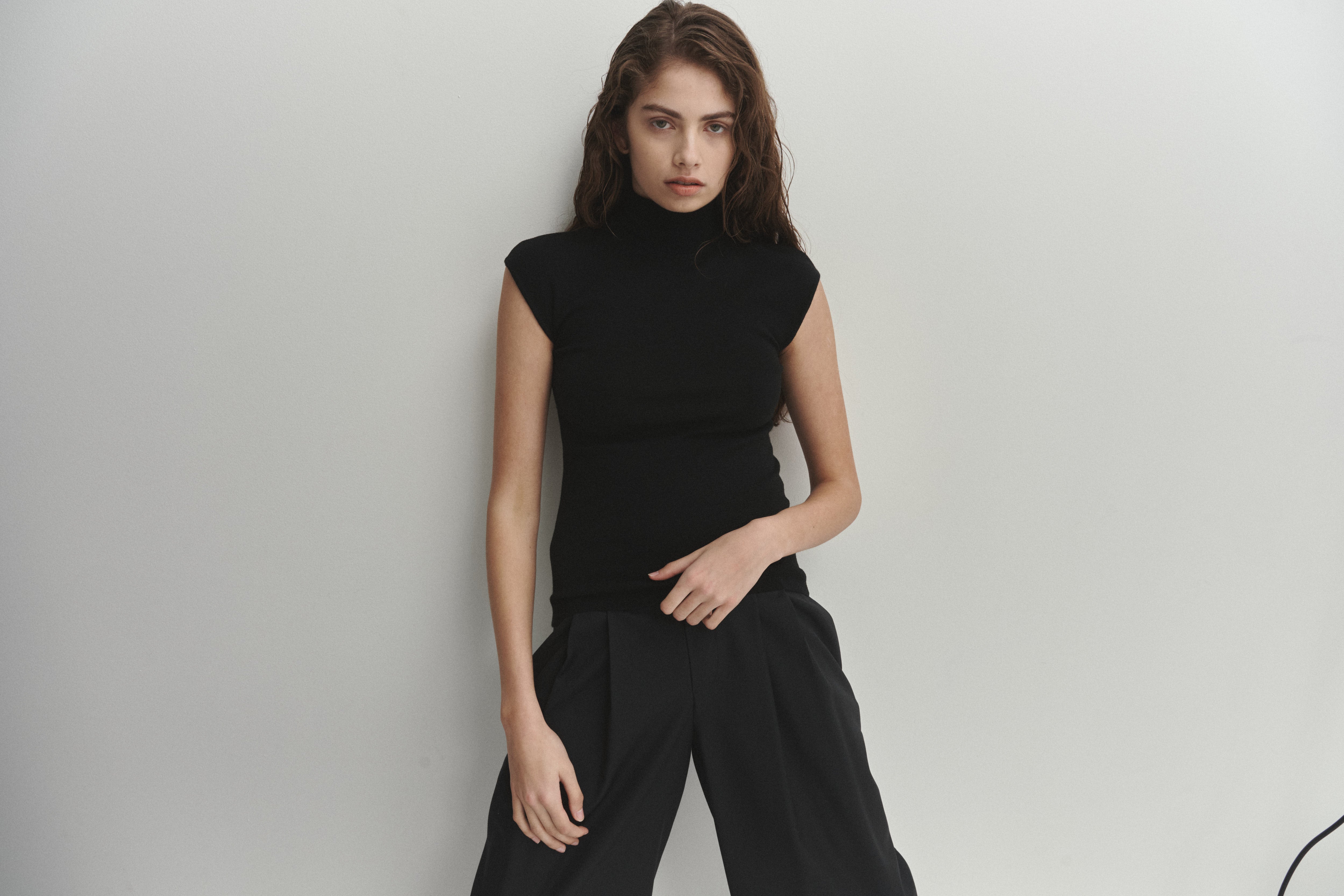 Şener Besim Merino Cap Sleeve Top in Black, full-length styled view