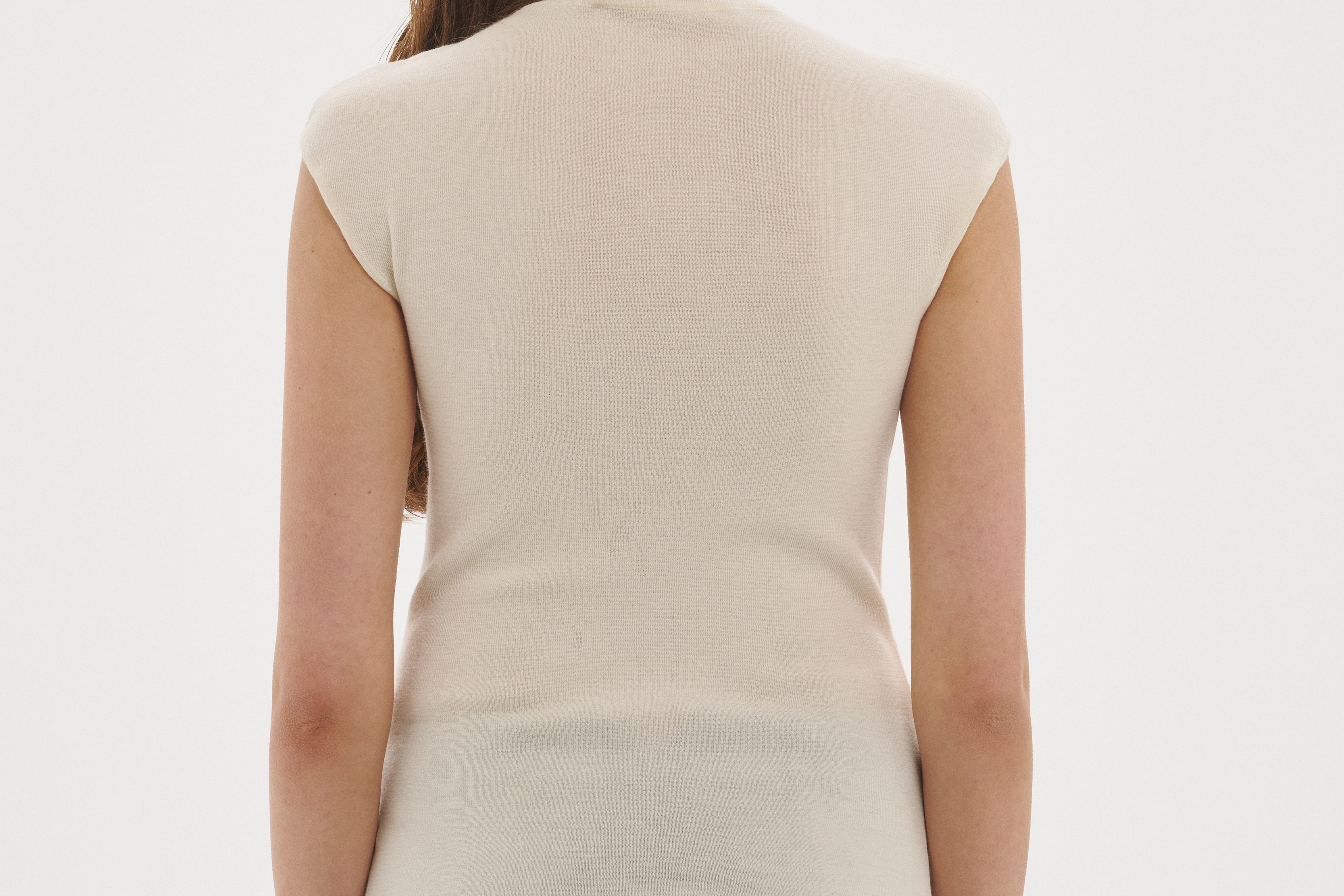 Şener Besim Merino Cap Sleeve Top in White, back view
