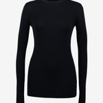 Black merino wool thumbhole crewneck top, front product view — Şener Besim