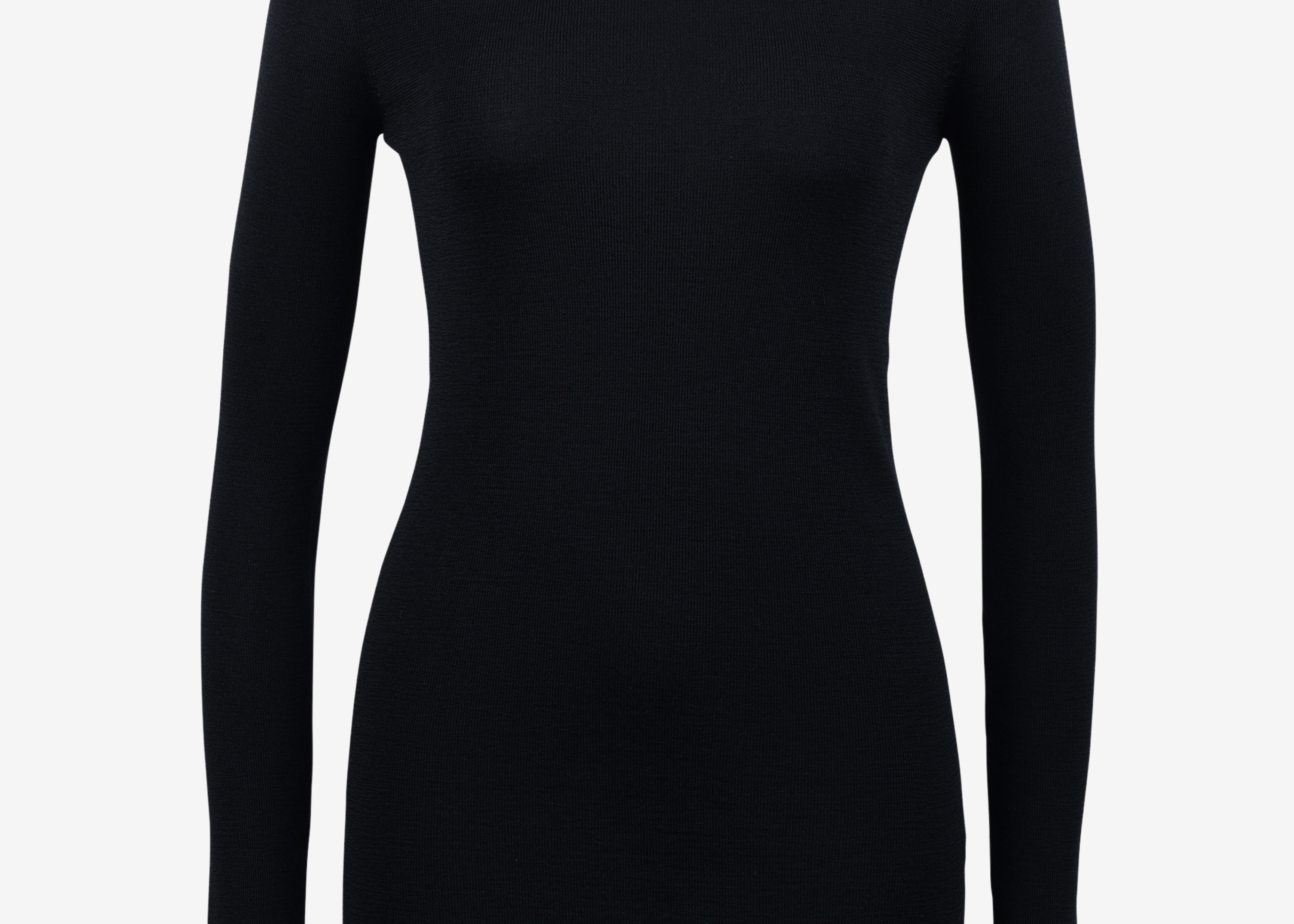 Black merino wool thumbhole crewneck top, front product view — Şener Besim