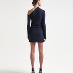 sener besim asymmetric style neckline mini dress worn by model 
