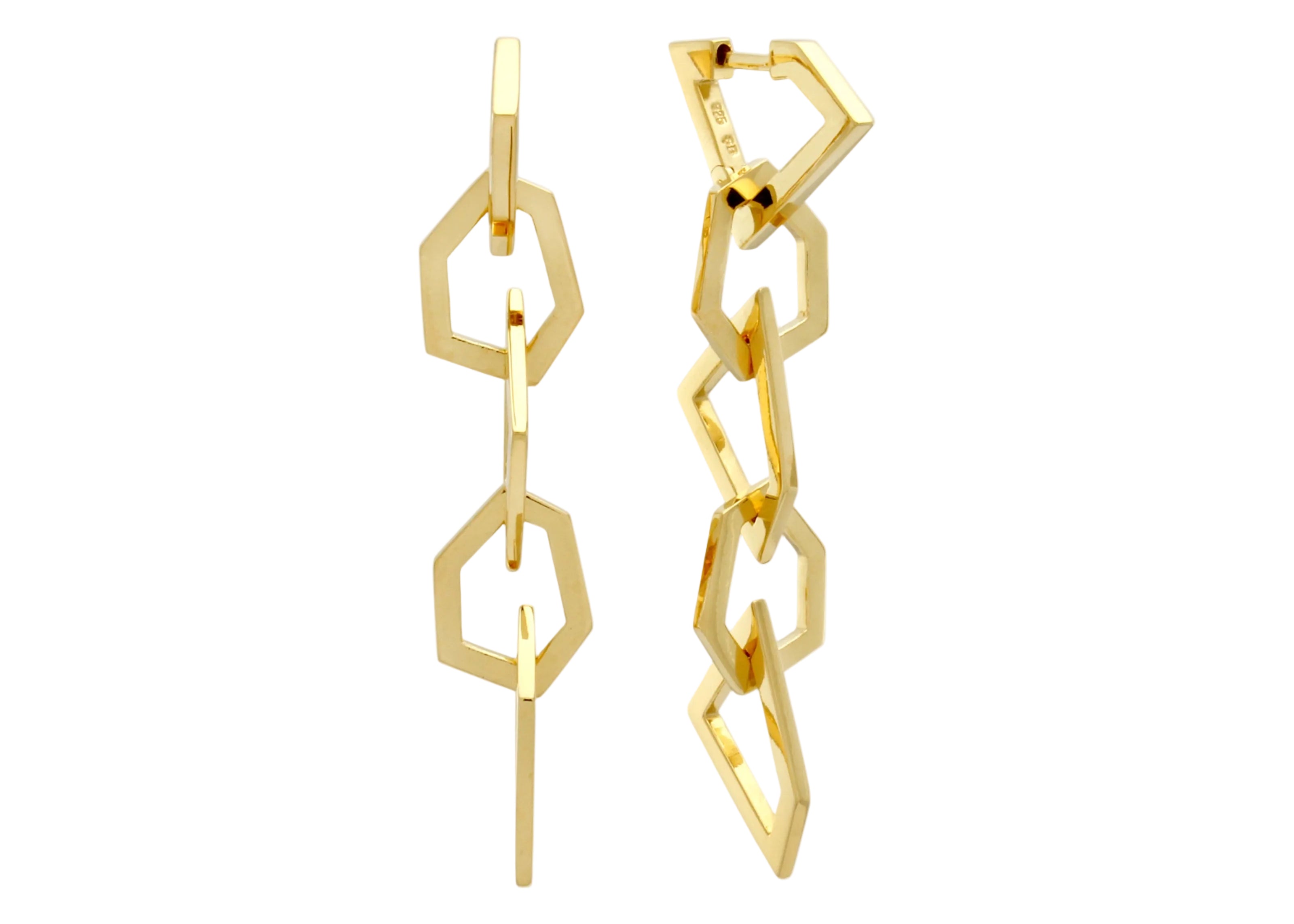 Şener Besim Mosaic Long Earring in 14ct gold plating, five geometric chain links, flat lay