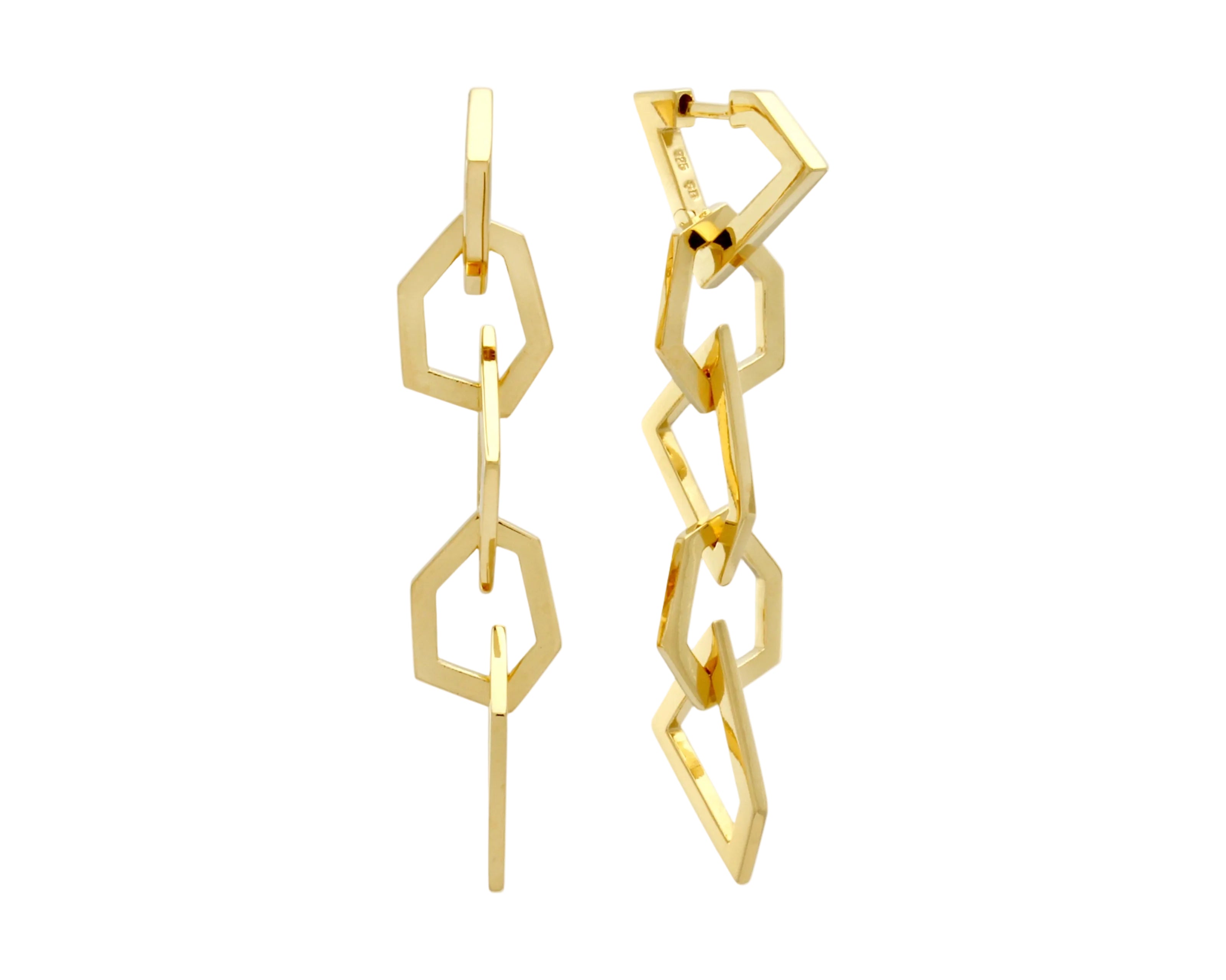 Şener Besim Mosaic Long Earring in 14ct gold plating, five geometric chain links, flat lay