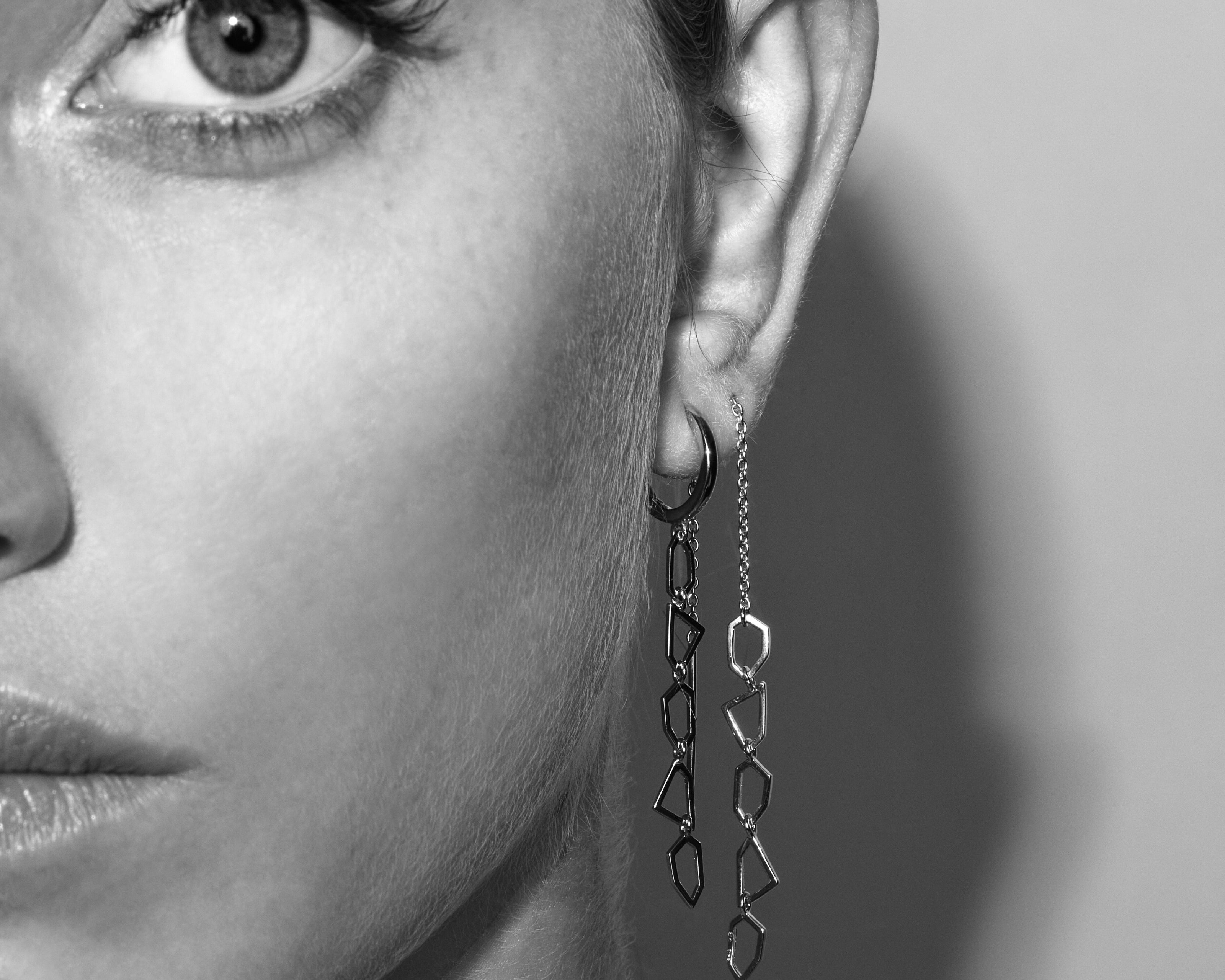 model in sener besim thread mosaic earrings