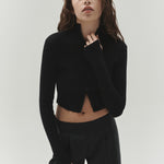 Şener Besim Multibutton Cardi in Black, front view showing the multiple button closures