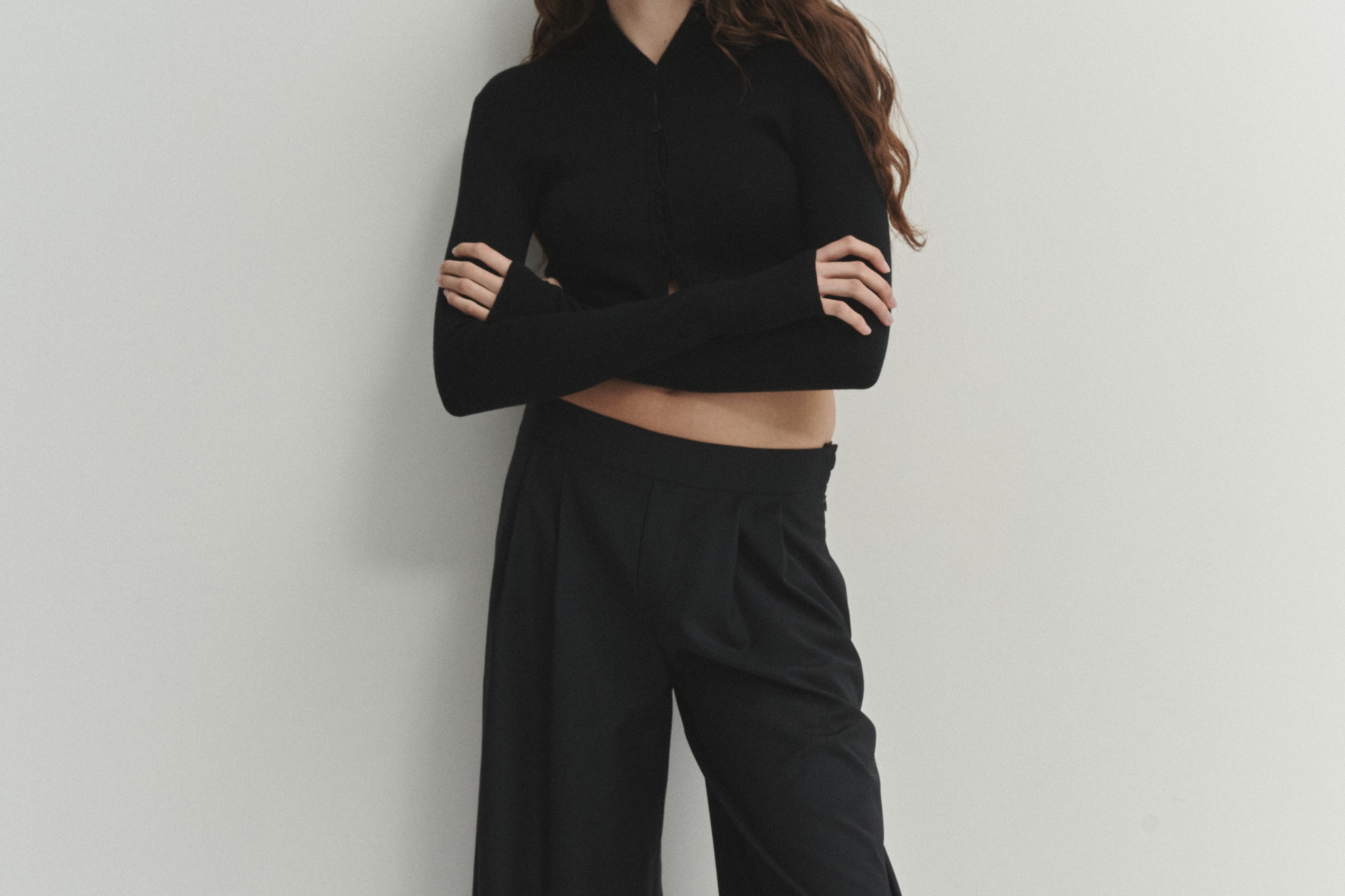 Şener Besim Multibutton Cardi in Black, full-length styled view