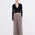 Black chiffon cardi styled with wide leg trousers — Şener Besim