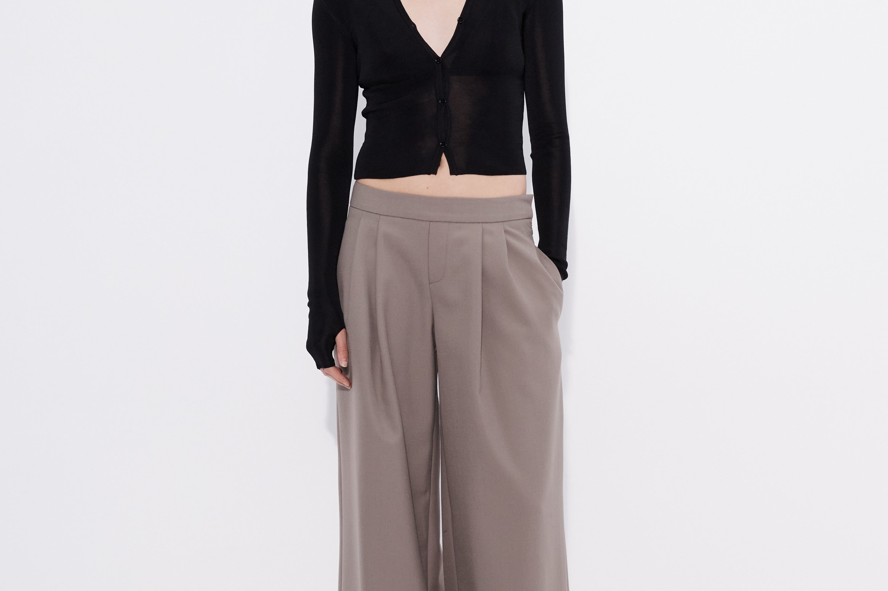 Black chiffon cardi styled with wide leg trousers — Şener Besim