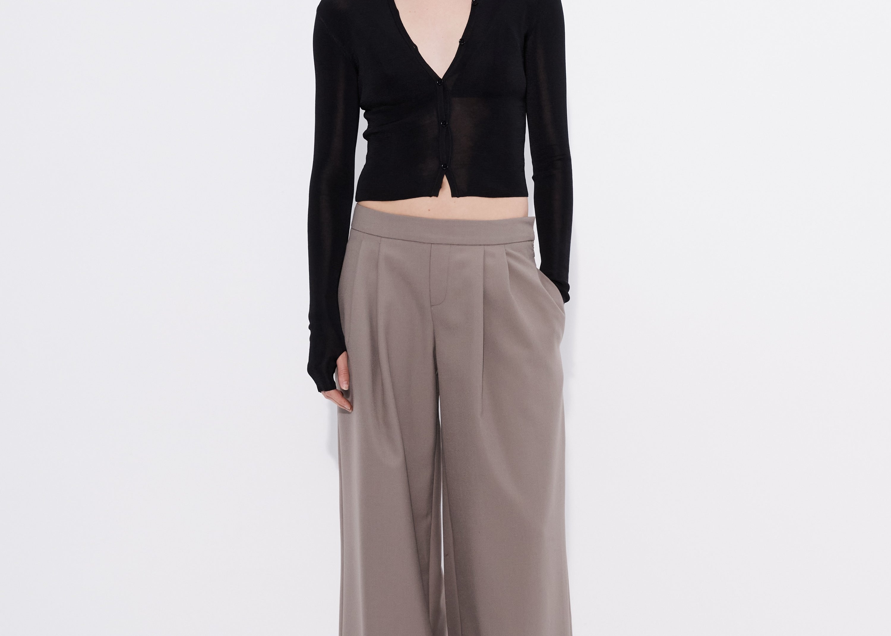 Black chiffon cardi styled with wide leg trousers — Şener Besim