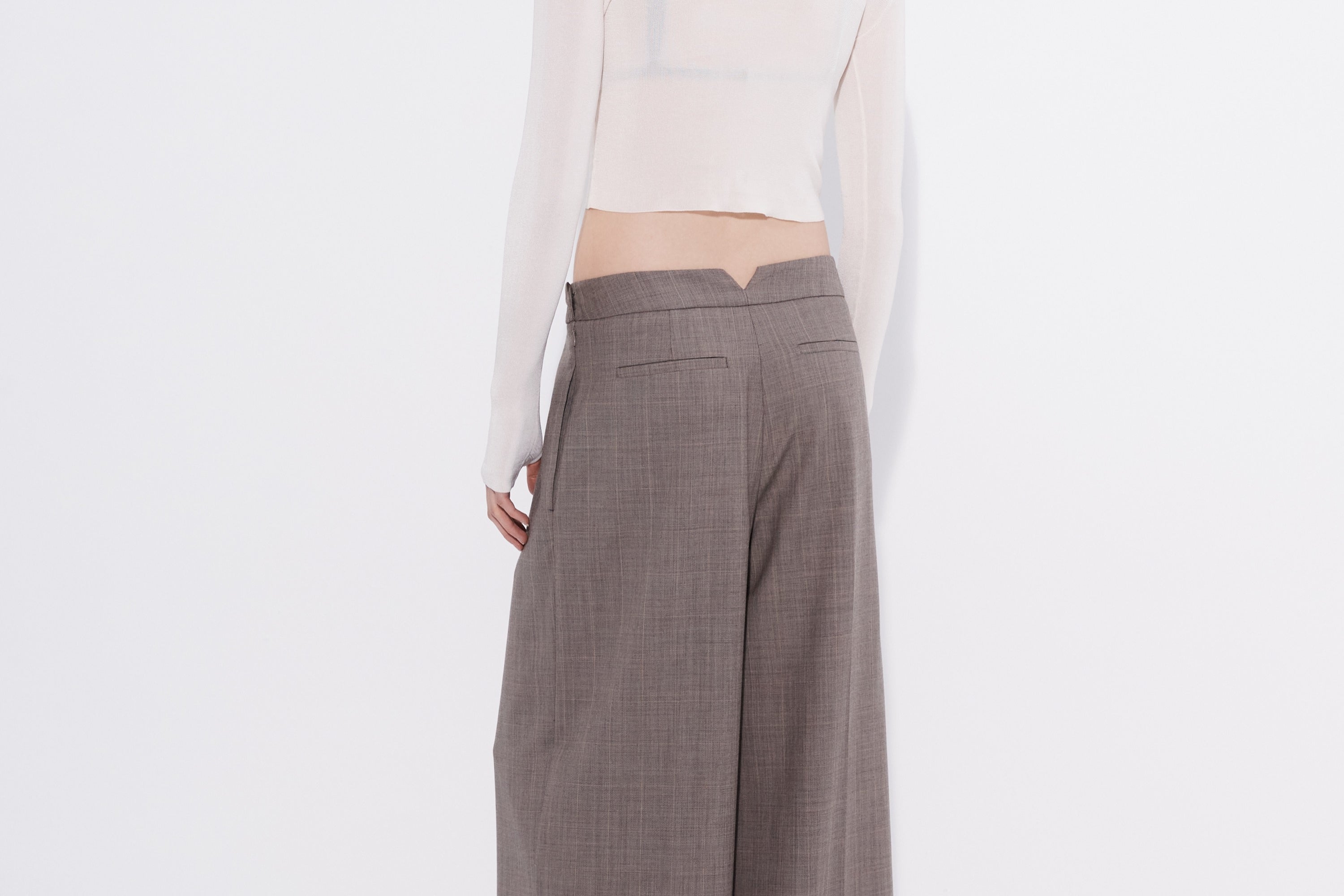 Off white chiffon cardigan back view styled with wide leg trousers — Şener Besim