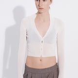 Multibutton cropped chiffon cardigan off white front view — Şener Besim