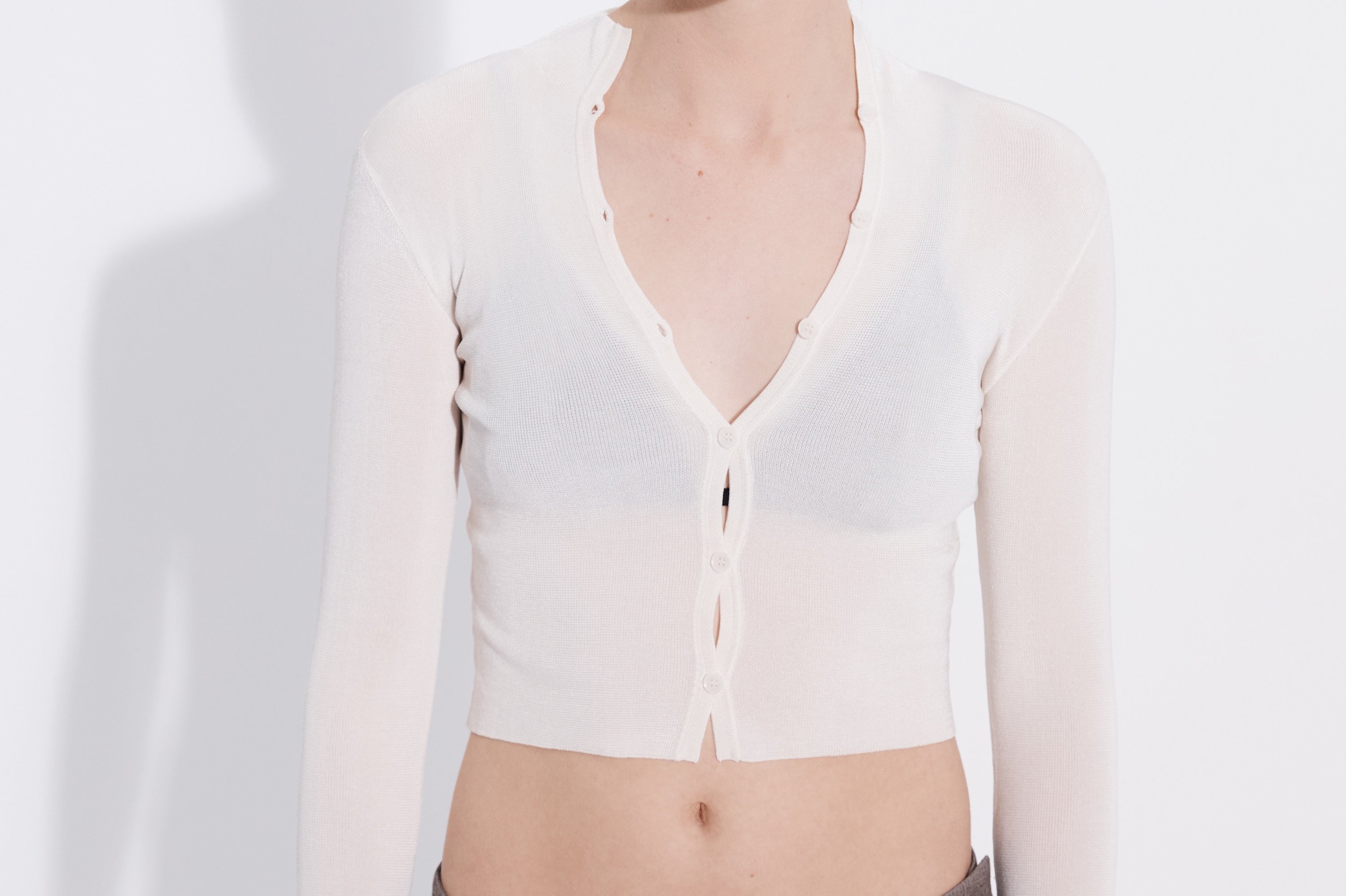 Multibutton cropped chiffon cardigan off white front view — Şener Besim