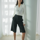Off white chiffon cardigan with grey bermuda shorts — Şener Besim