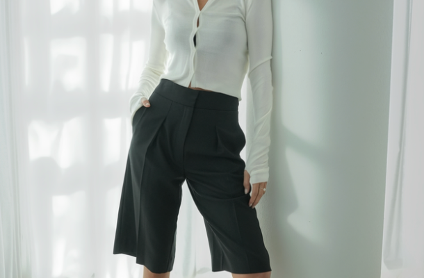 Off white chiffon cardigan with grey bermuda shorts — Şener Besim