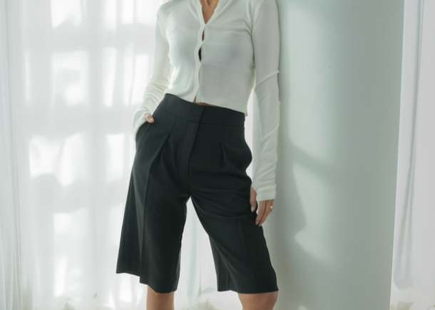 Off white chiffon cardigan with grey bermuda shorts — Şener Besim