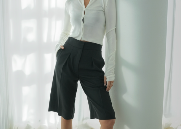 Off white chiffon cardigan with grey bermuda shorts — Şener Besim