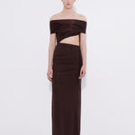Off shoulder maxi dress in burgundy — Şener Besim