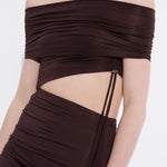 Ruched off shoulder burgundy maxi dress with cut out detail