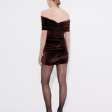 Şener Besim Off Shoulder Mini Dress in chocolate velvet, worn back view