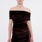 Şener Besim Off Shoulder Mini Dress in chocolate velvet, worn close up