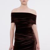 Şener Besim Off Shoulder Mini Dress in chocolate velvet, worn close up