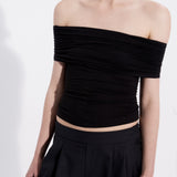 Ruched off shoulder black top — Şener Besim