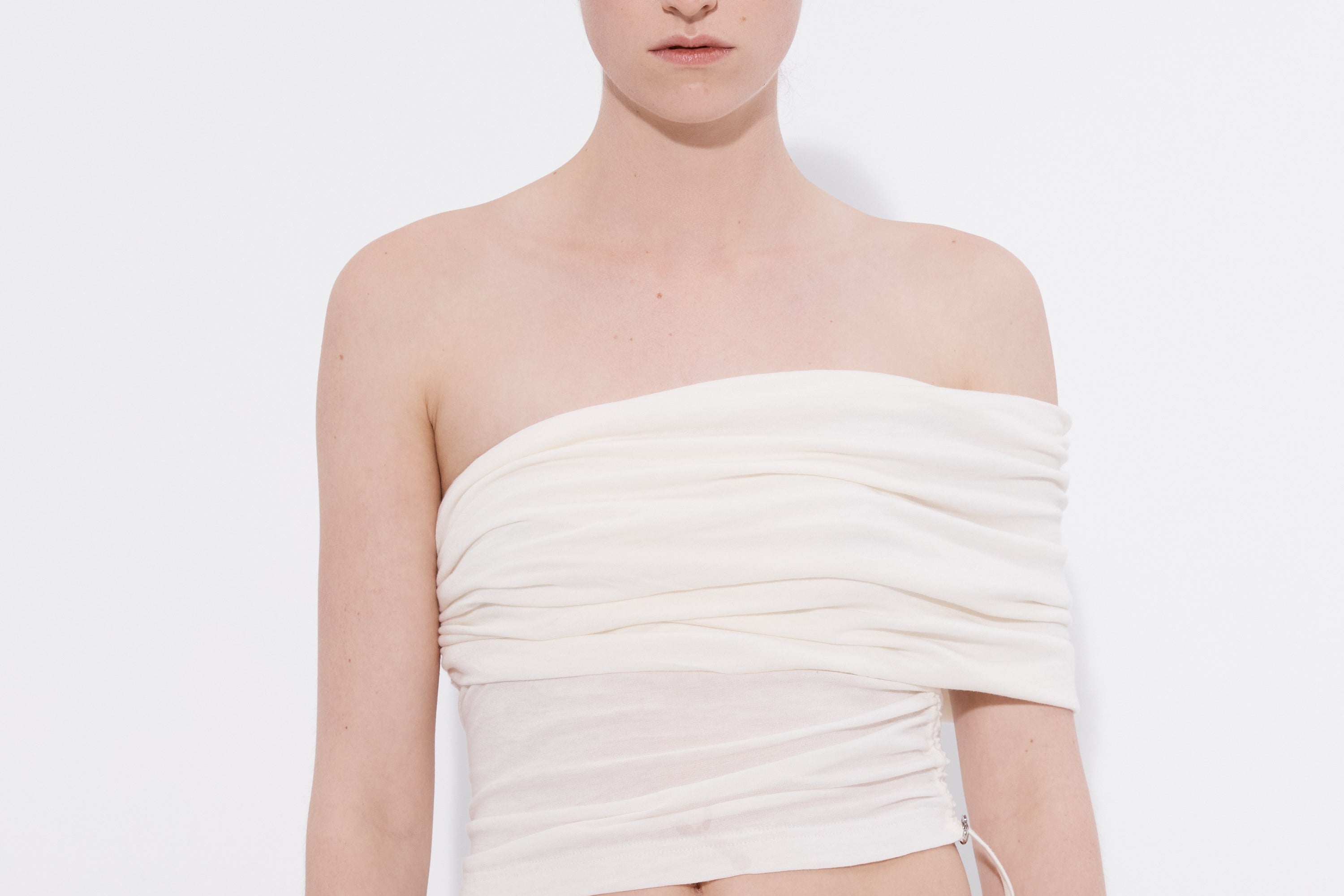 White stretch ruched top with elasticated neckline