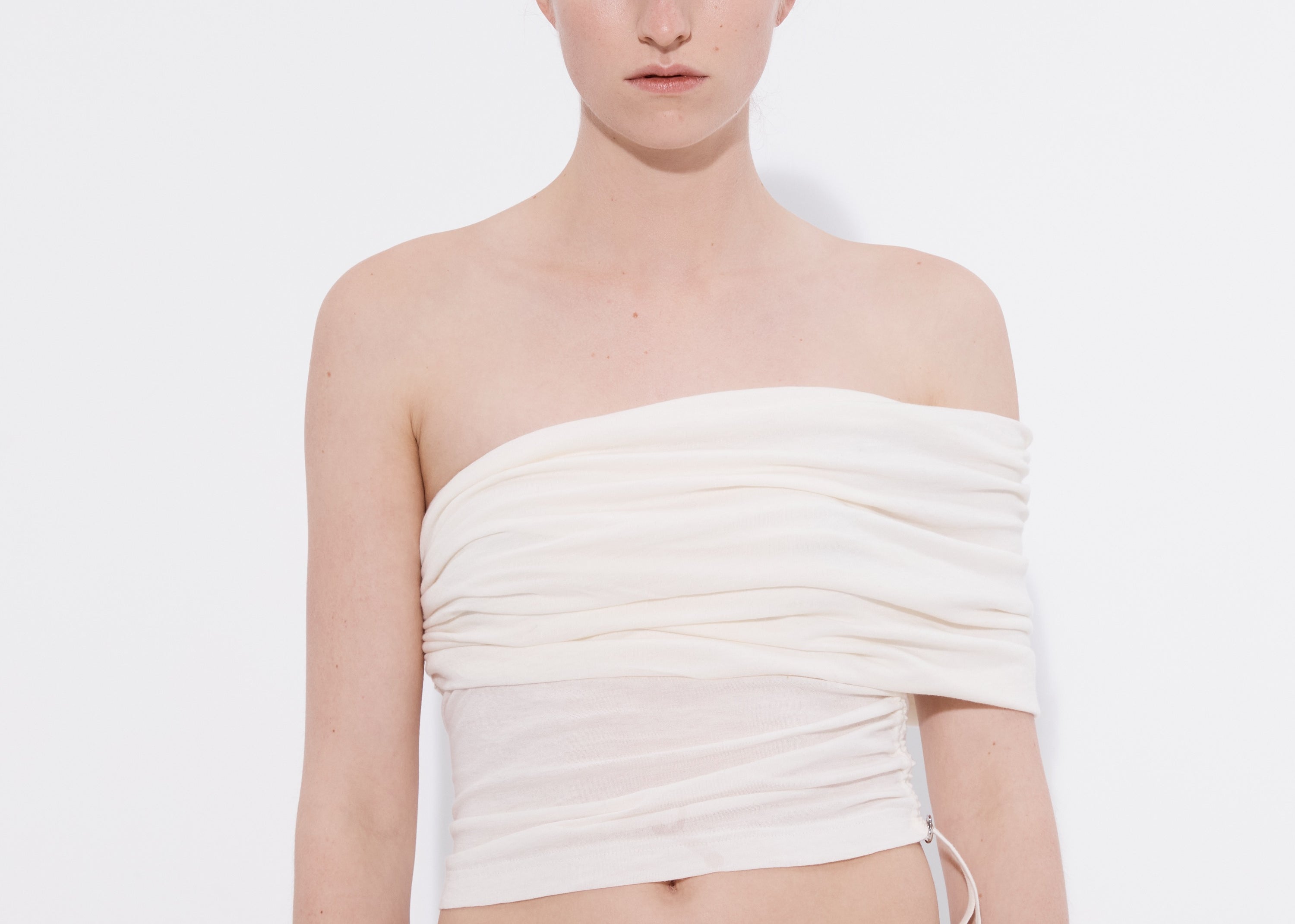 White stretch ruched top with elasticated neckline