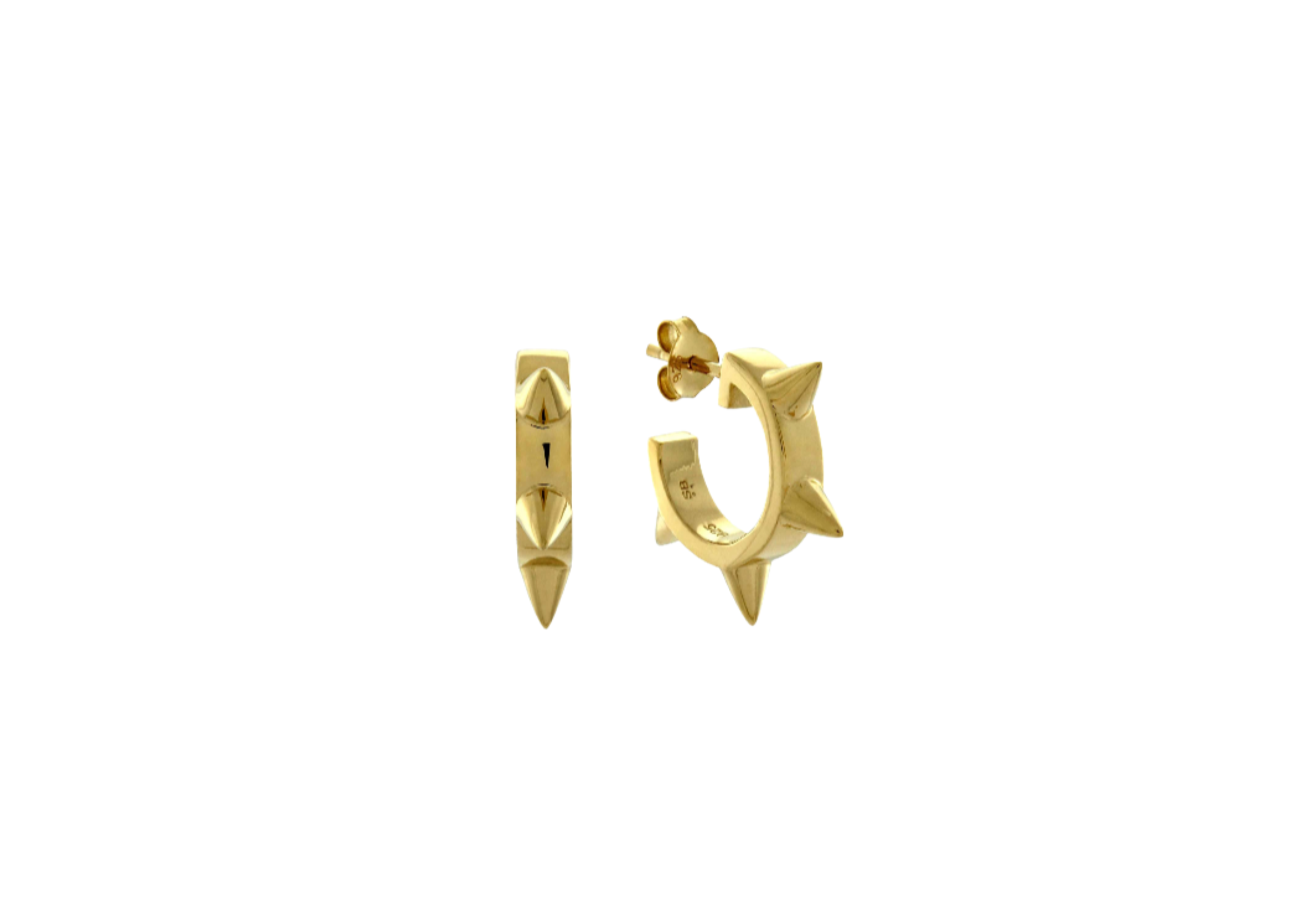 A pair of gold hoop earrings with spike details, crafted from 14k gold vermeil on a sterling silver base, displayed against a white background.