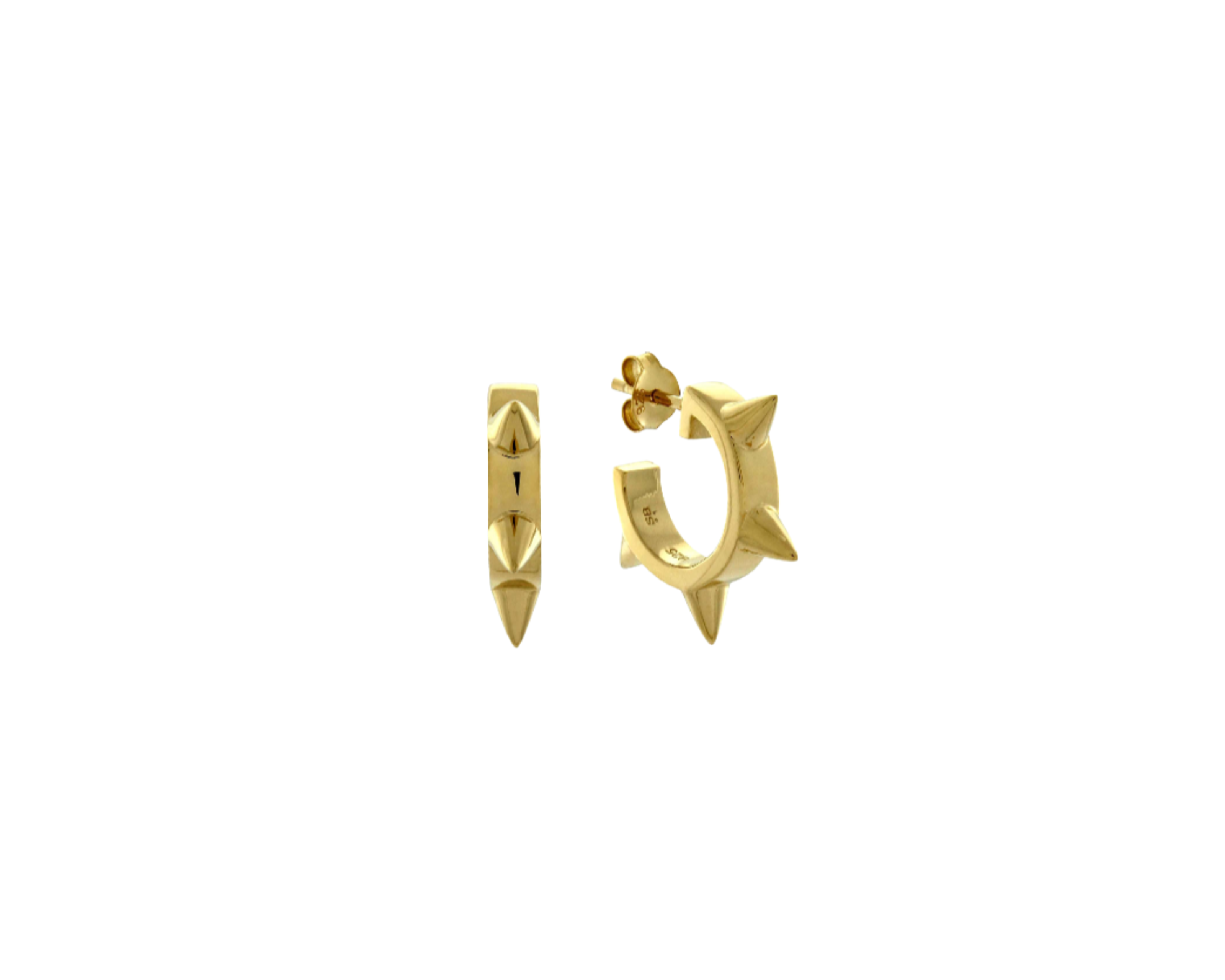 A pair of gold hoop earrings with spike details, crafted from 14k gold vermeil on a sterling silver base, displayed against a white background.