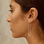 Spear Thread Earrings in Silver on model Şener Besim