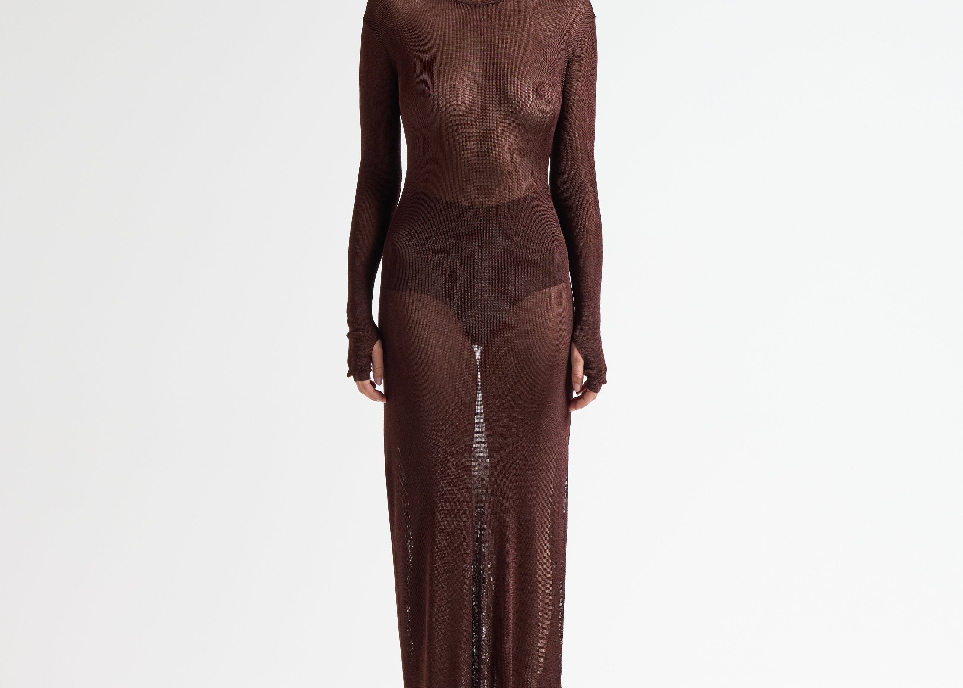 The T-Bar Long Dress in Chocolate - Front View