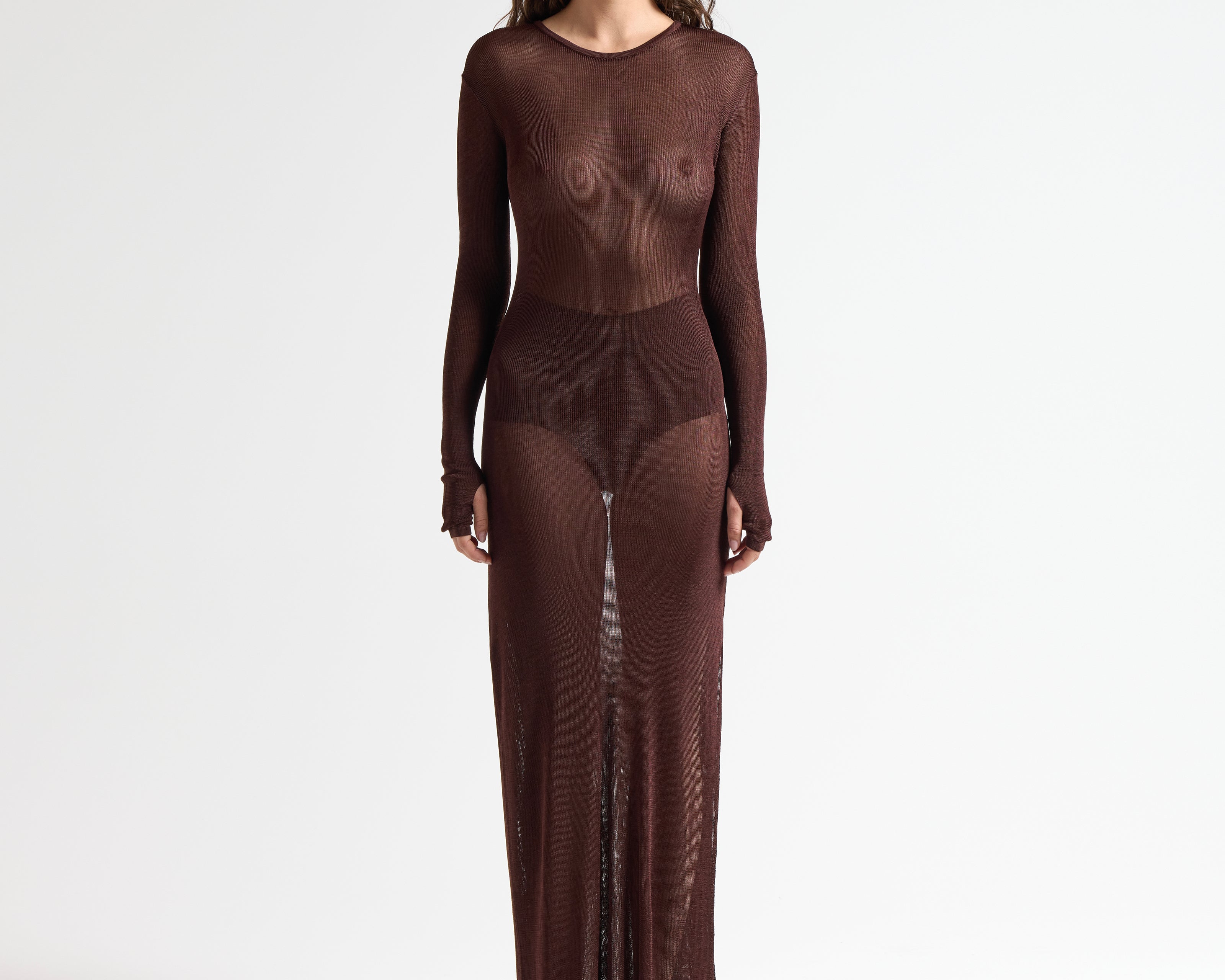 The T-Bar Long Dress in Chocolate - Front View