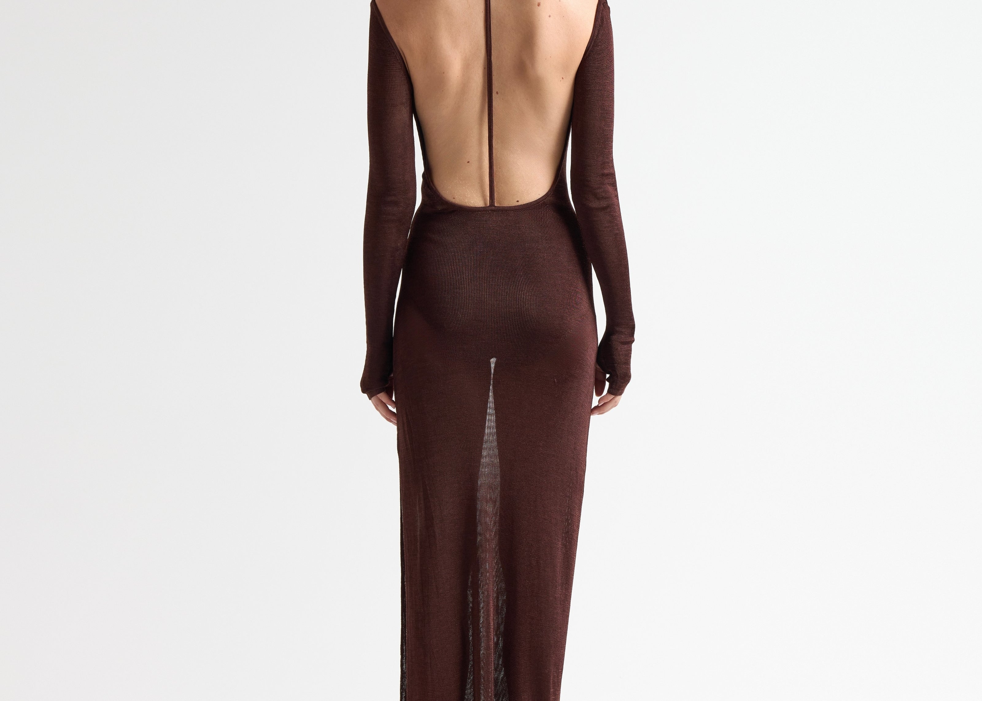 The T-Bar Long Dress in Chocolate - Side View