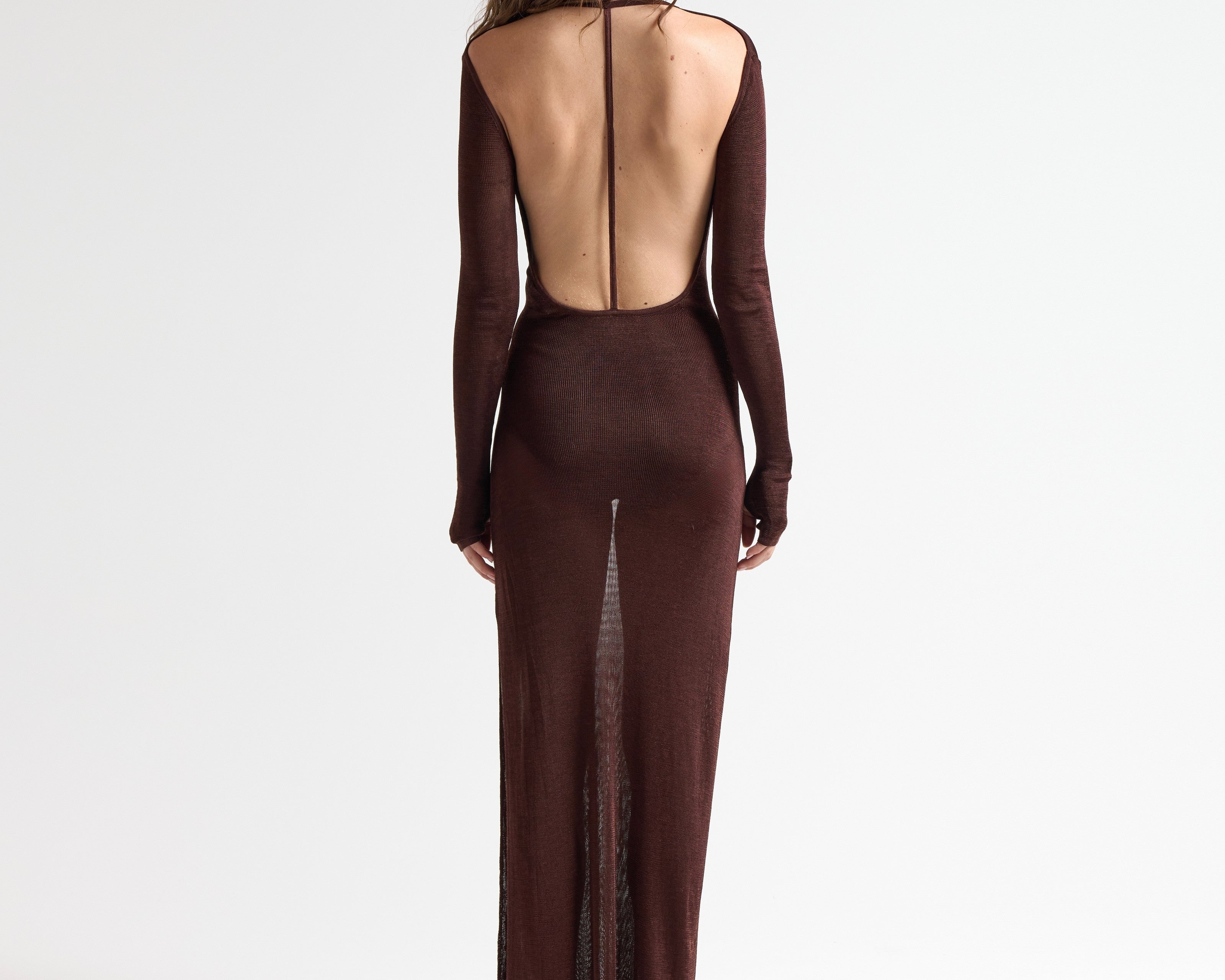 The T-Bar Long Dress in Chocolate - Side View