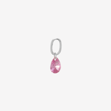Şener Besim Teardrop Charm with pink rose quartz cubic zirconia in rhodium plating, flat lay