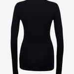 Fitted black merino long sleeve crewneck top with thumbhole detail, front view — Şener Besim