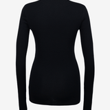 Fitted black merino long sleeve crewneck top with thumbhole detail, front view — Şener Besim