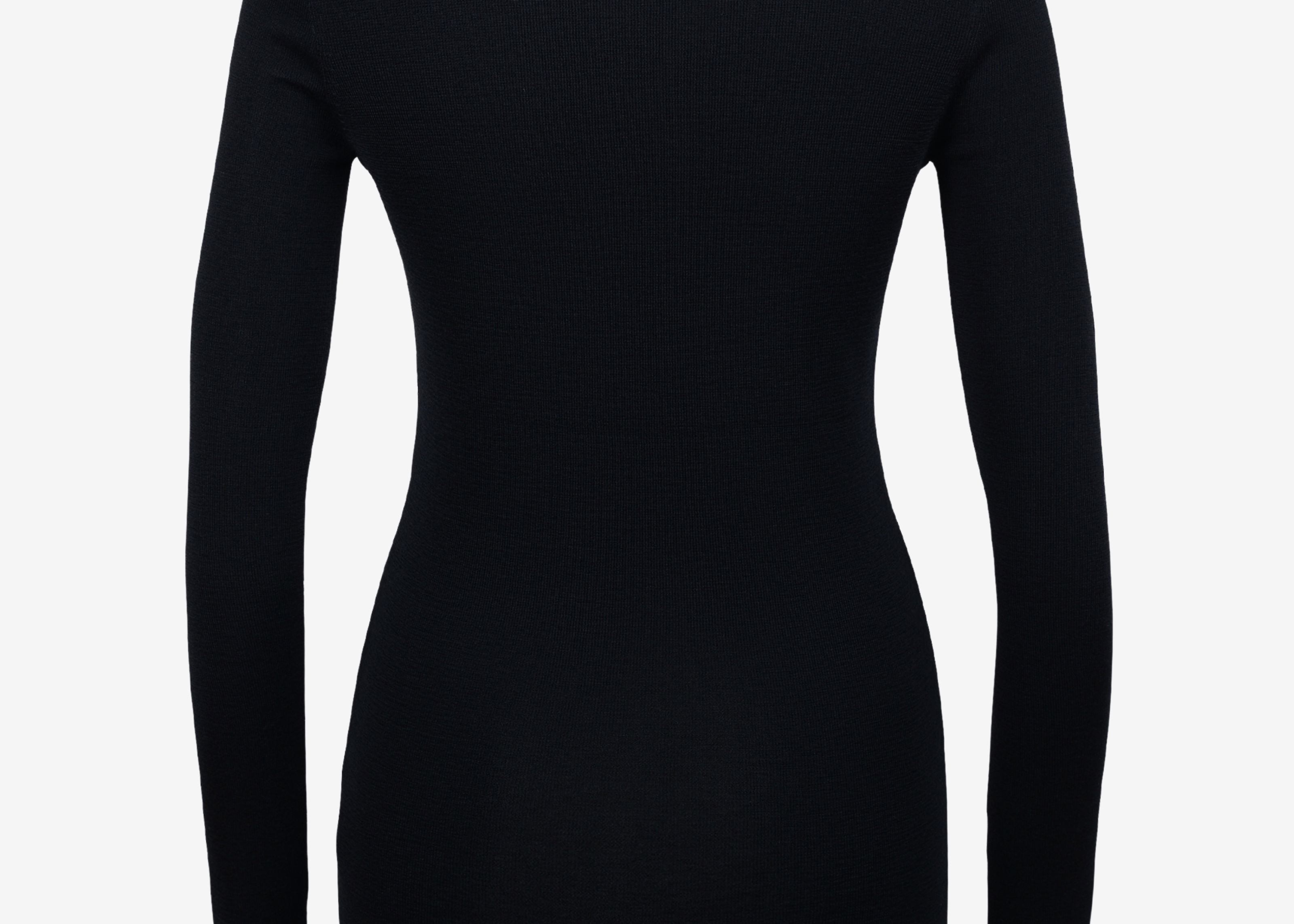 Fitted black merino long sleeve crewneck top with thumbhole detail, front view — Şener Besim