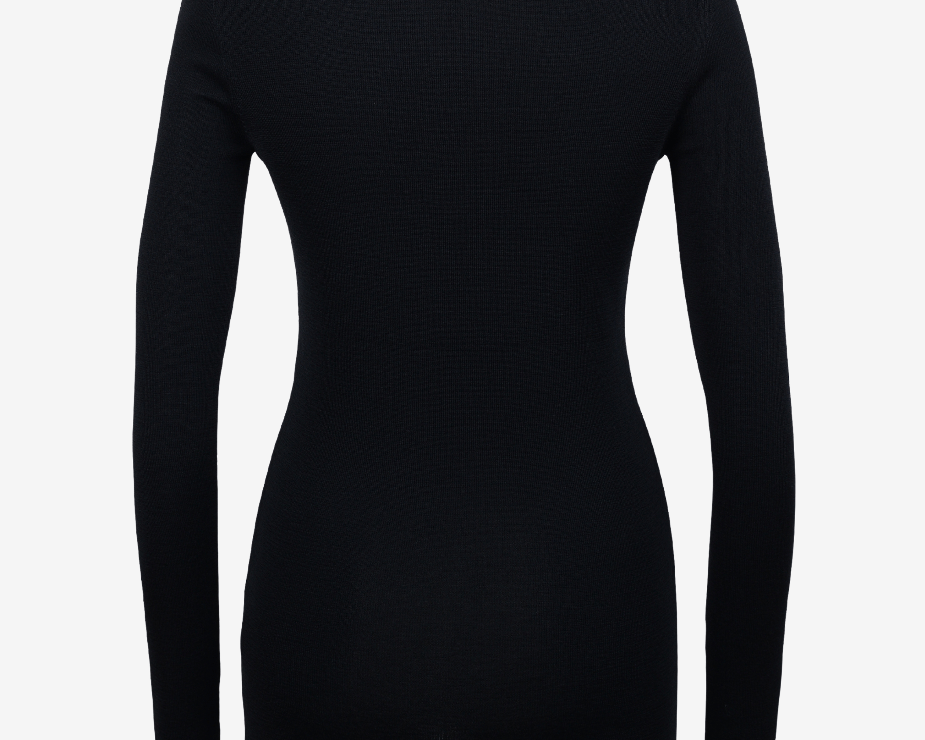 Fitted black merino long sleeve crewneck top with thumbhole detail, front view — Şener Besim