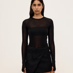 Black semi-sheer long sleeve crewneck top with thumbhole detail, front view — Şener Besim