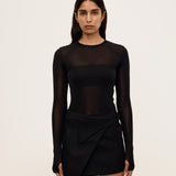Black semi-sheer long sleeve crewneck top with thumbhole detail, front view — Şener Besim