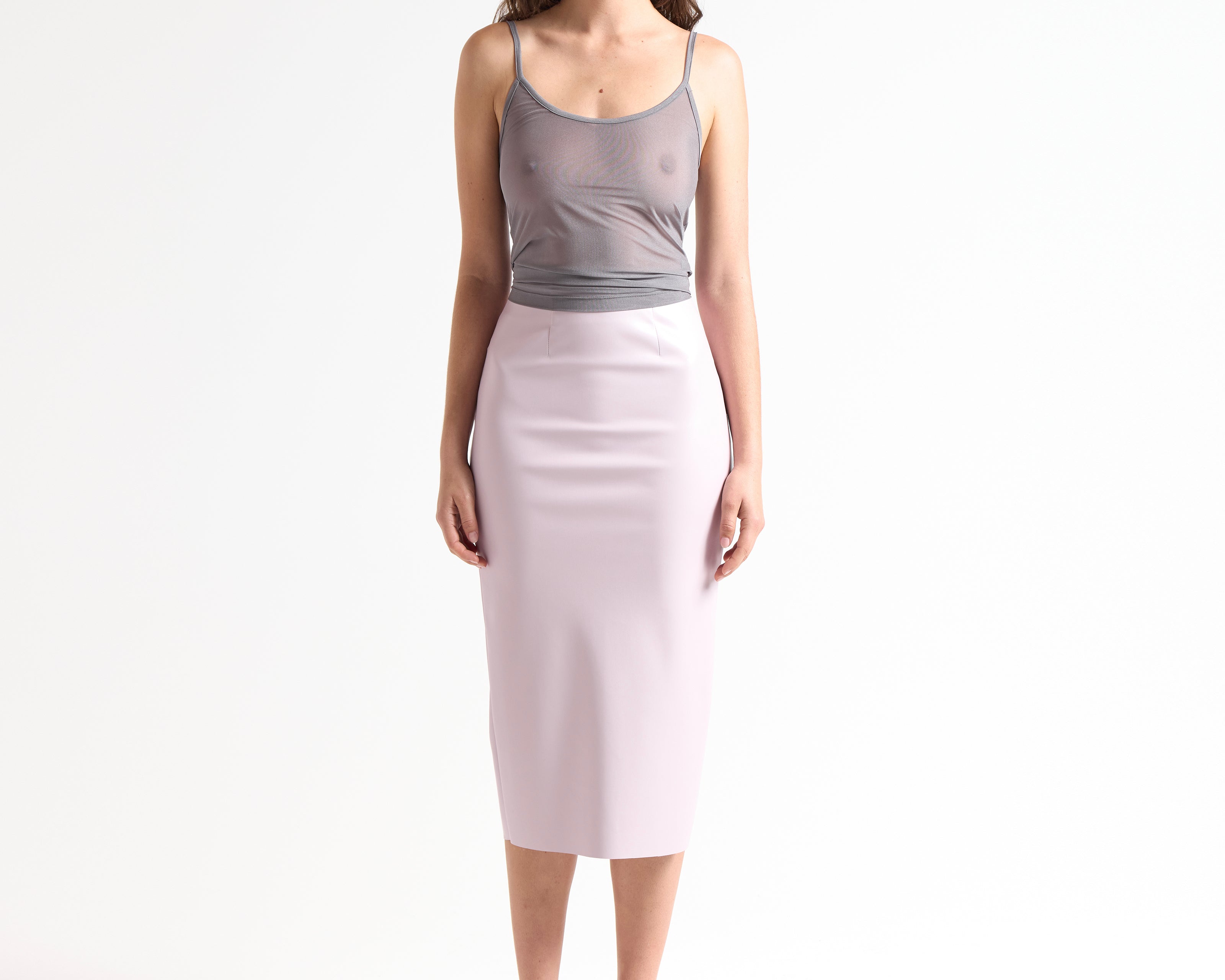 model wearing a grey sheer tank top with thin straps by sener besim