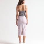 model wearing sener besim sheer tank top camisole in silver grey