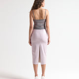 model wearing sener besim sheer tank top camisole in silver grey